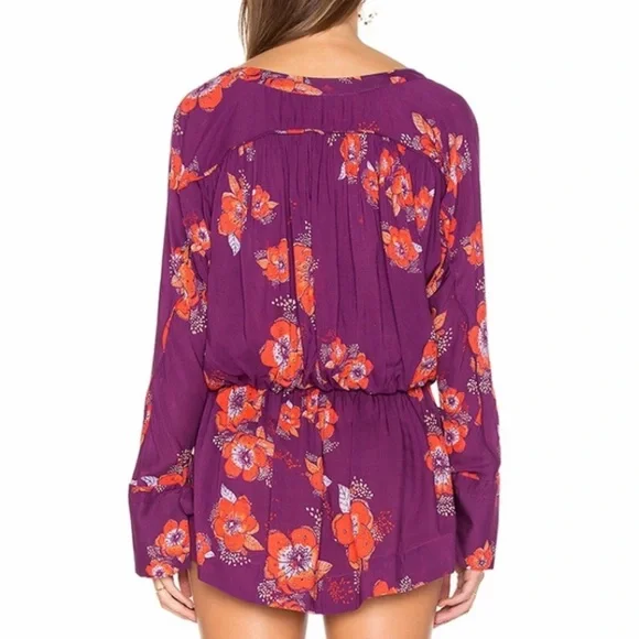 Free People Tropical Floral Print Faux Wrap Tie Sleeve Purple Peplum Blouse - Picture 9 of 15